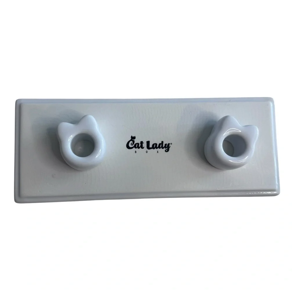 April 2019 Cat Lady Box Set 2 of White Ceramic Toothbrush Holders on Plate